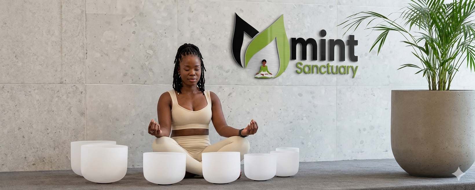 Motshidisi Mojapelo meditating at Mint Sanctuary wellness space with sound healing bowls, promoting mindfulness and holistic self care for women