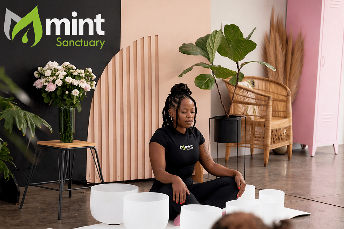 A composite image showcasing the Mint Athleisure collection: the Black Essence short-sleeve set, Pink Sculpt strappy set, Stone Beige Flow Suit, and Bold Red Allure backless jumpsuit. Premium inclusive activewear for women.